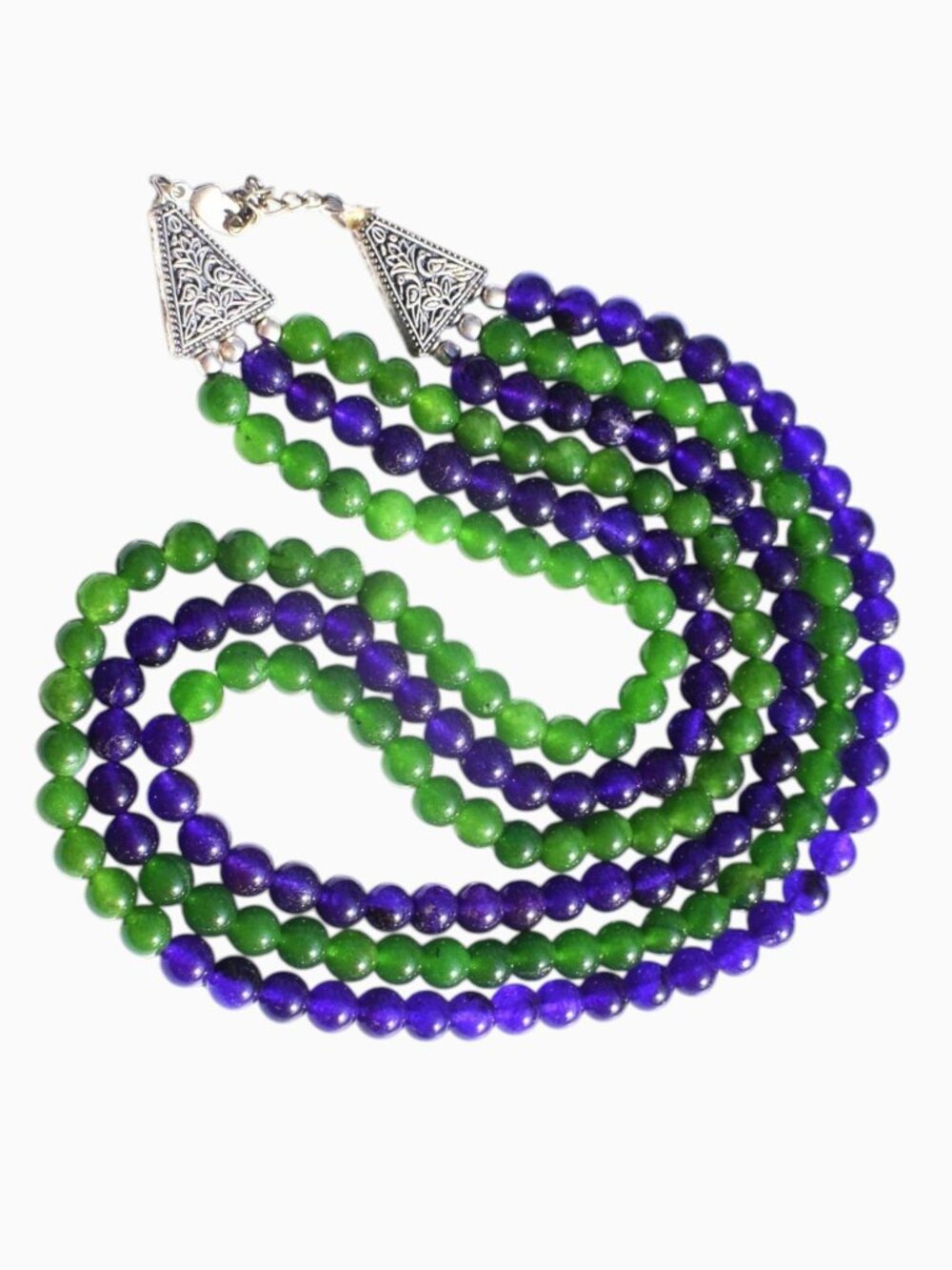 737 Carats 3 Strand Jade & Amethyst Round Shape Beads Necklace-20"